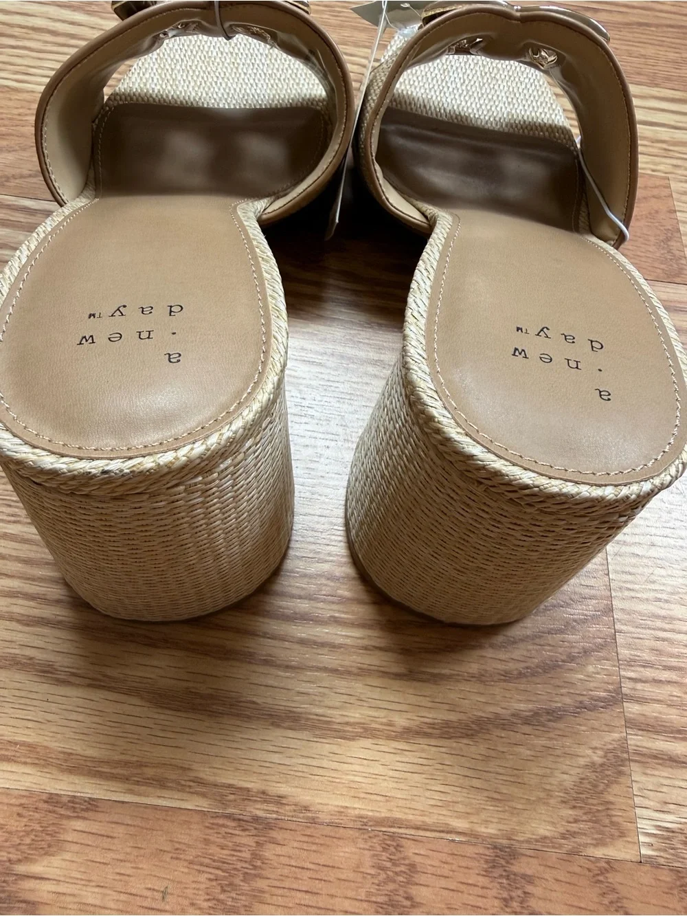NWT A New Day Tan Raffia Gold Buckle Block Heel Sandals Size 11